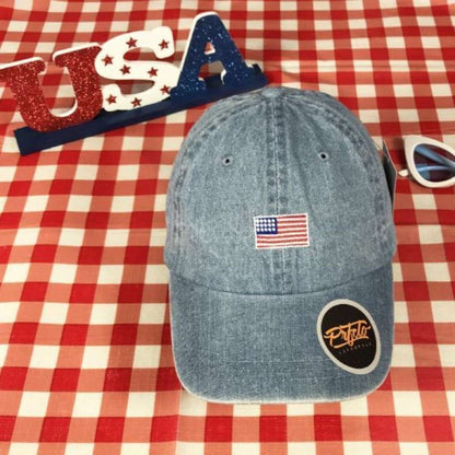 light denim baseball hat with USA Flag embroidered on the front - DSY Lifestyle