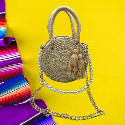 Round Palm purse with tassels Pearl Handles and Chain Handle - DSY Lifestyle