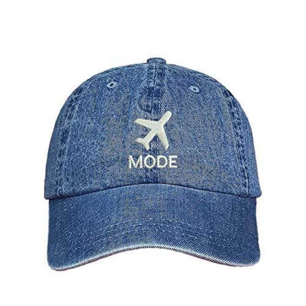 Light Denim Baseball hat embroidered with Airplane mode in the front in white - DSY Lifestyle