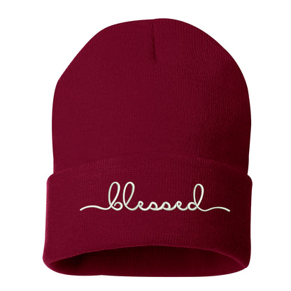 Unisex Blessed Cuffed Beanie Hat, Embroidered Beanie Cap, Cuffed Beanie, Blessed Beanie Hat, Custom Embroidery, Blessed, Thanksgiving Hat, Cursive Text, Embroidered Text, Burgundy Beanie Cap Hat, DSY Lifestyle Beanie, Made in LA