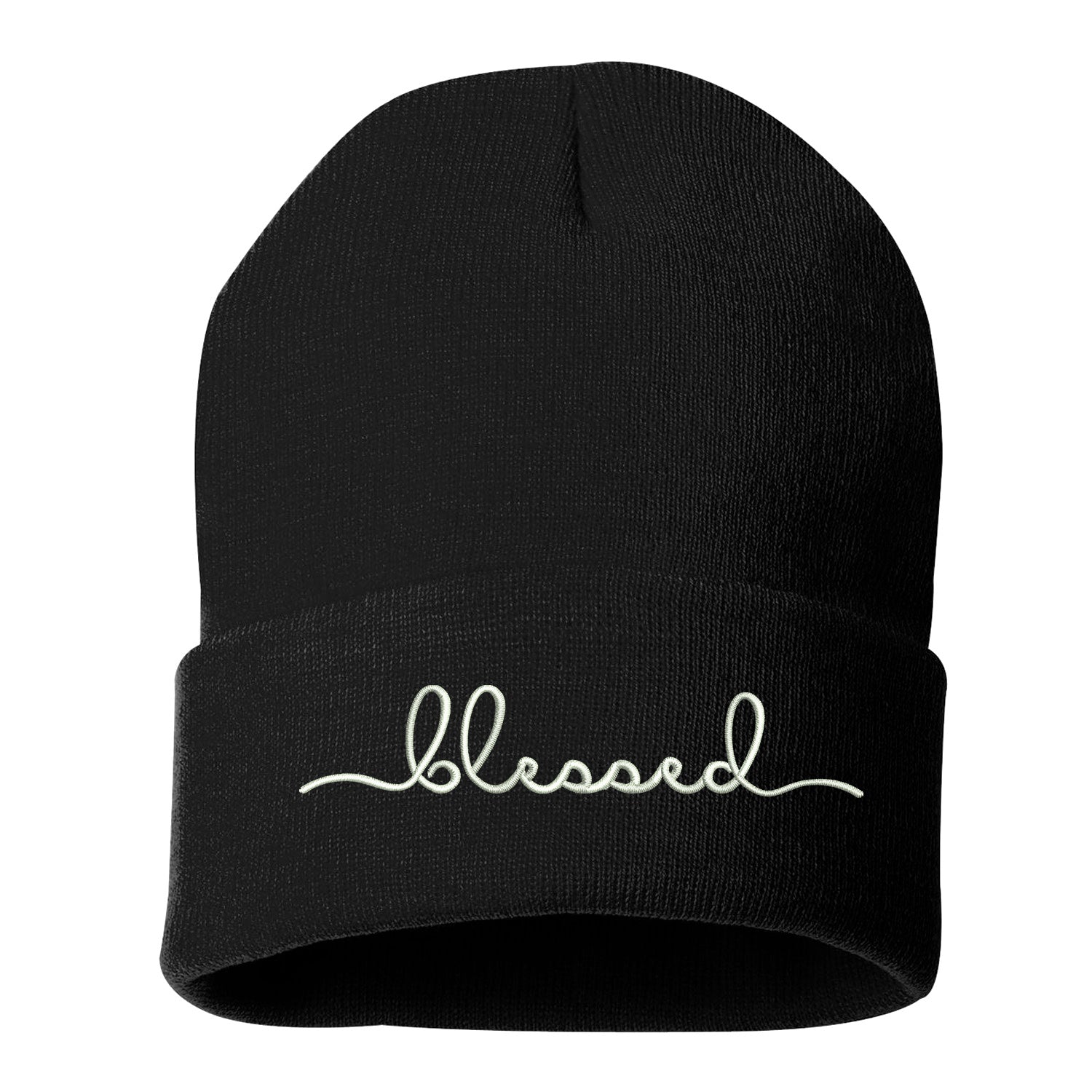 Unisex Blessed Cuffed Beanie Hat, Embroidered Beanie Cap, Cuffed Beanie, Blessed Beanie Hat, Custom Embroidery, Blessed, Thanksgiving Hat, Cursive Text, Embroidered Text, Black Beanie Cap Hat, DSY Lifestyle Beanie, Made in LA