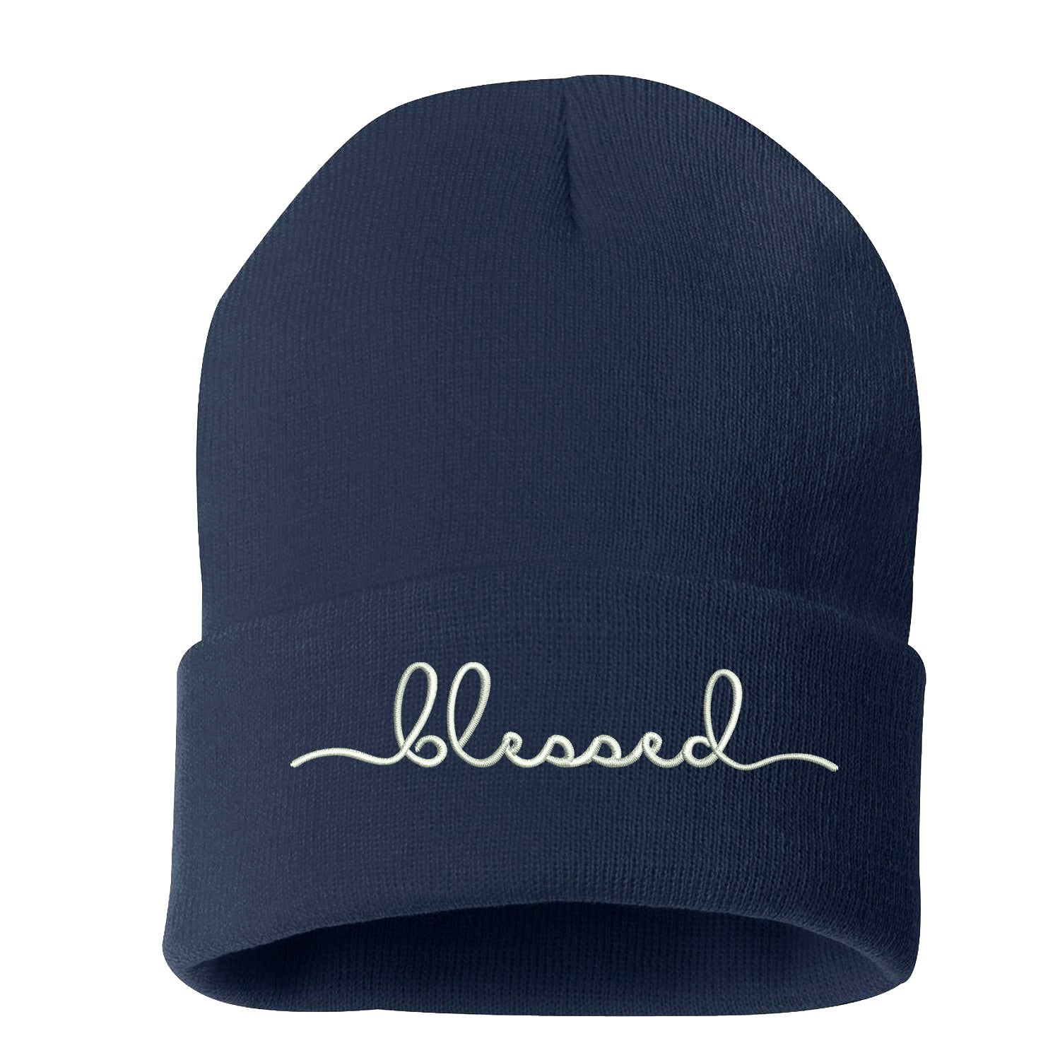 Unisex Blessed Cuffed Beanie Hat, Embroidered Beanie Cap, Cuffed Beanie, Blessed Beanie Hat, Custom Embroidery, Blessed, Thanksgiving Hat, Cursive Text, Embroidered Text, Navy Beanie Cap Hat, DSY Lifestyle Beanie, Made in LA