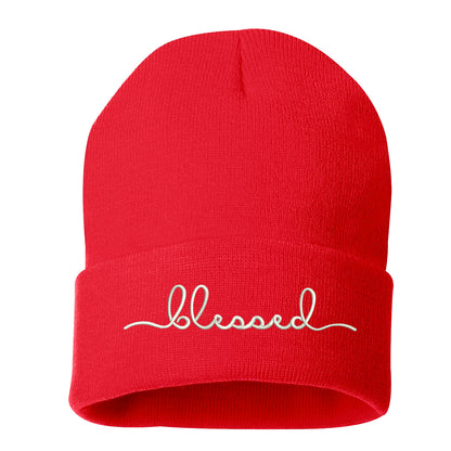 Unisex Blessed Cuffed Beanie Hat, Embroidered Beanie Cap, Cuffed Beanie, Blessed Beanie Hat, Custom Embroidery, Blessed, Thanksgiving Hat, Cursive Text, Embroidered Text, Red Beanie Cap Hat, DSY Lifestyle Beanie, Made in LA
