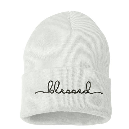 Unisex Blessed Cuffed Beanie Hat, Embroidered Beanie Cap, Cuffed Beanie, Blessed Beanie Hat, Custom Embroidery, Blessed, Thanksgiving Hat, Cursive Text, Embroidered Text, White Beanie Cap Hat, DSY Lifestyle Beanie, Made in LA