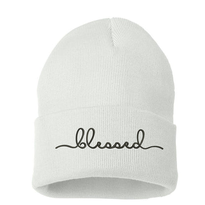 Unisex Blessed Cuffed Beanie Hat, Embroidered Beanie Cap, Cuffed Beanie, Blessed Beanie Hat, Custom Embroidery, Blessed, Thanksgiving Hat, Cursive Text, Embroidered Text, White Beanie Cap Hat, DSY Lifestyle Beanie, Made in LA