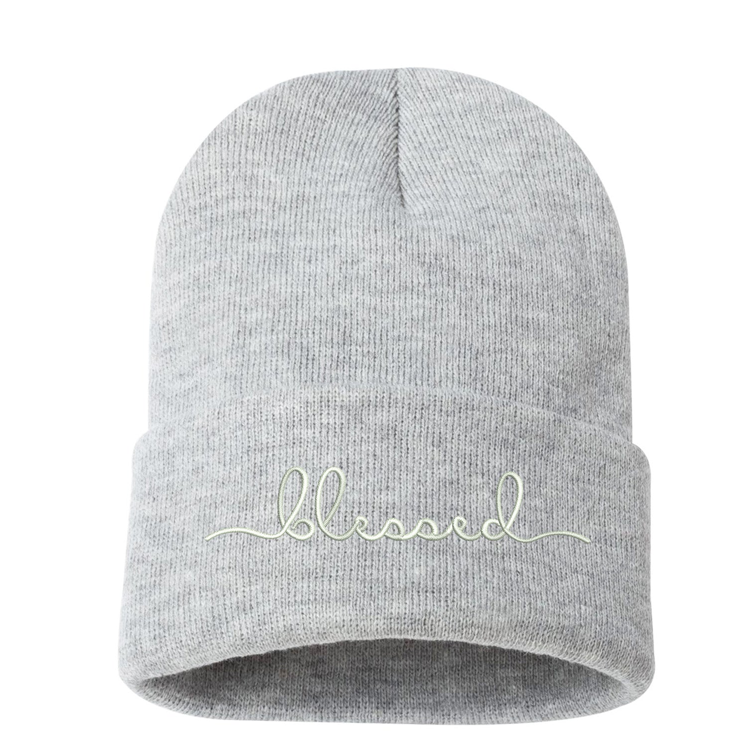 Unisex Blessed Cuffed Beanie Hat, Embroidered Beanie Cap, Cuffed Beanie, Blessed Beanie Hat, Custom Embroidery, Blessed, Thanksgiving Hat, Cursive Text, Embroidered Text, Heather Grey Beanie Cap Hat, DSY Lifestyle Beanie, Made in LA