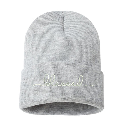 Unisex Blessed Cuffed Beanie Hat, Embroidered Beanie Cap, Cuffed Beanie, Blessed Beanie Hat, Custom Embroidery, Blessed, Thanksgiving Hat, Cursive Text, Embroidered Text, Heather Grey Beanie Cap Hat, DSY Lifestyle Beanie, Made in LA