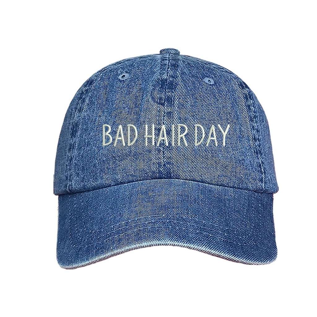 Light denim baseball hat embroidered with BAD HAIR DAY in white - DSY Lifestyle