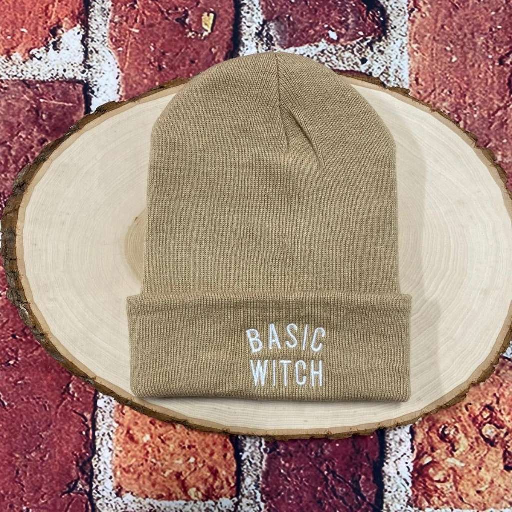 Tan cuffed beanie with BASIC WITCH embroidered in white - DSY Lifestyle