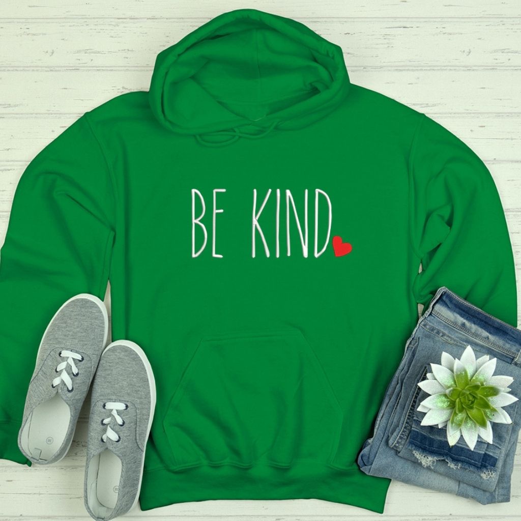 Kelly Green Hoodie Sweatshirt embroidered with Be Kind in the front - DSY Lifestyle