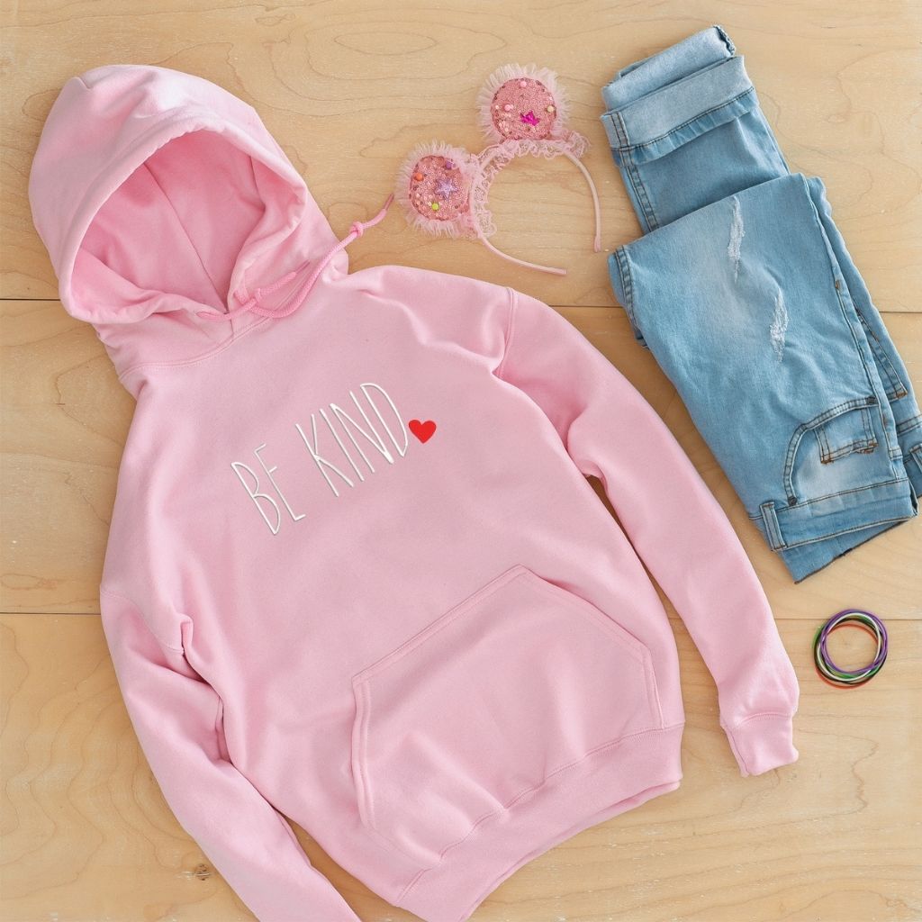 Pink Hoodie Sweatshirt embroidered with Be Kind in the front - DSY Lifestyle