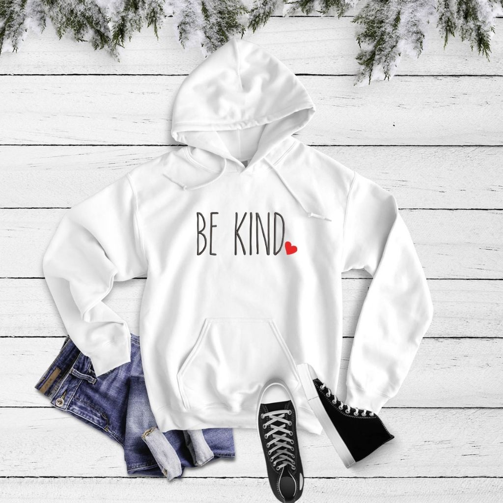 White Hoodie Sweatshirt embroidered with Be Kind in the front - DSY Lifestyle