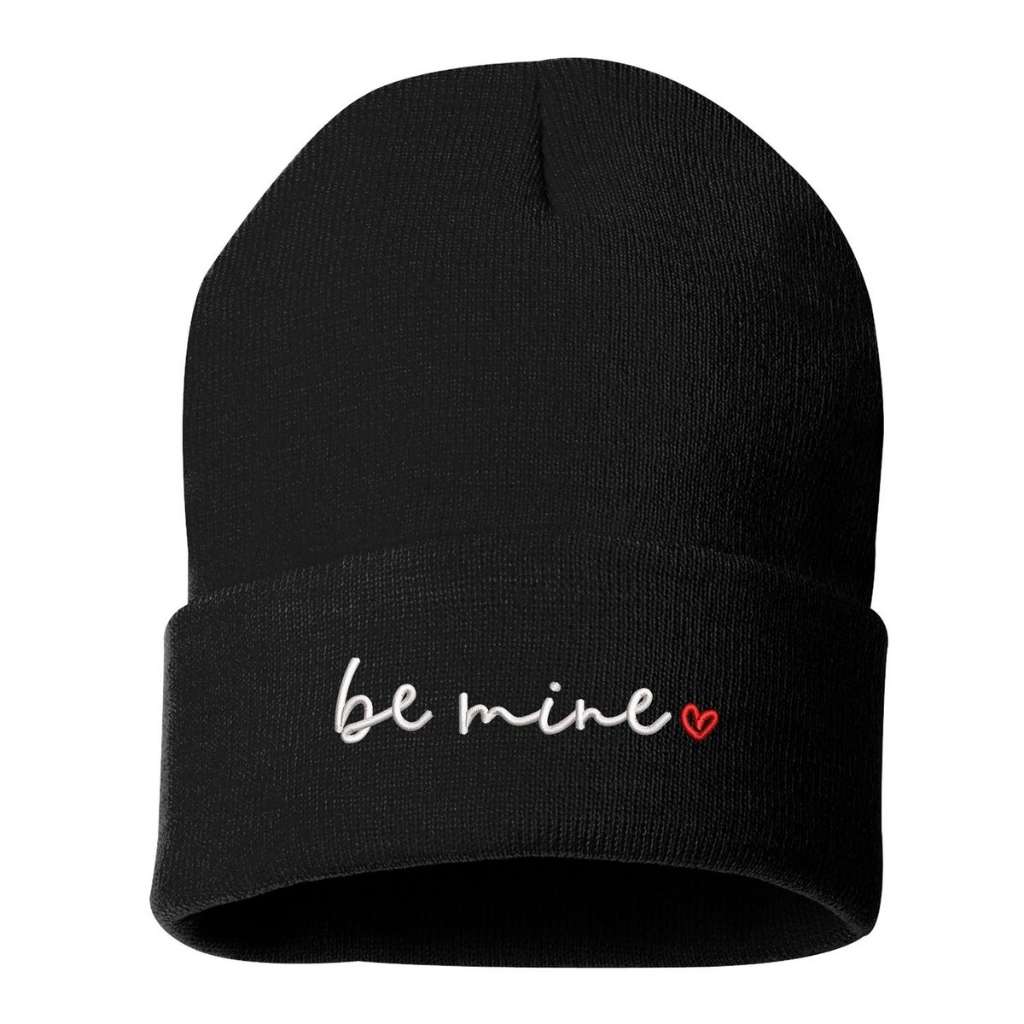 Black cuffed beanie with be mine embroidered in white with a red heart - DSY Lifestyle