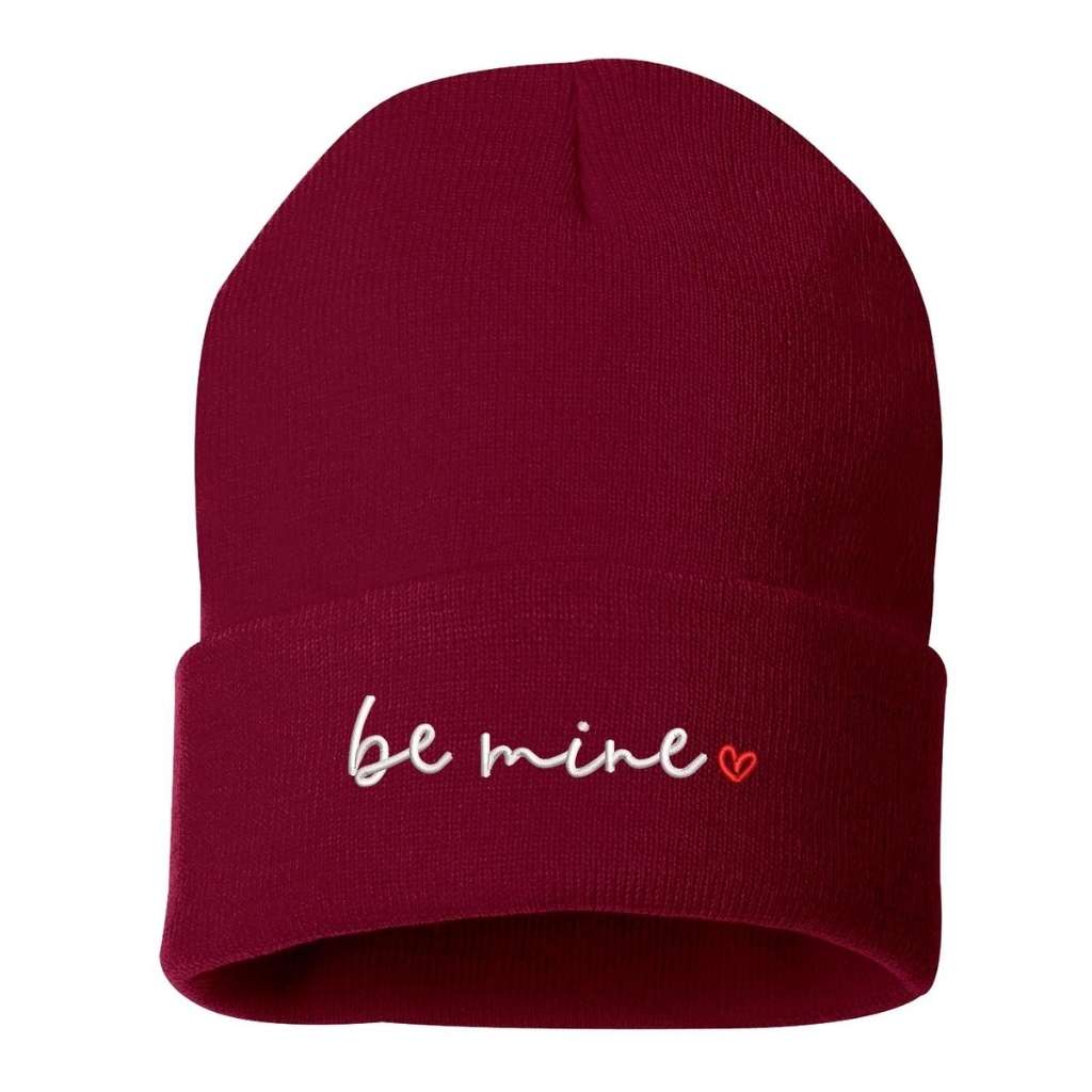 Burgundy cuffed beanie with be mine embroidered in white with a red heart - DSY Lifestyle