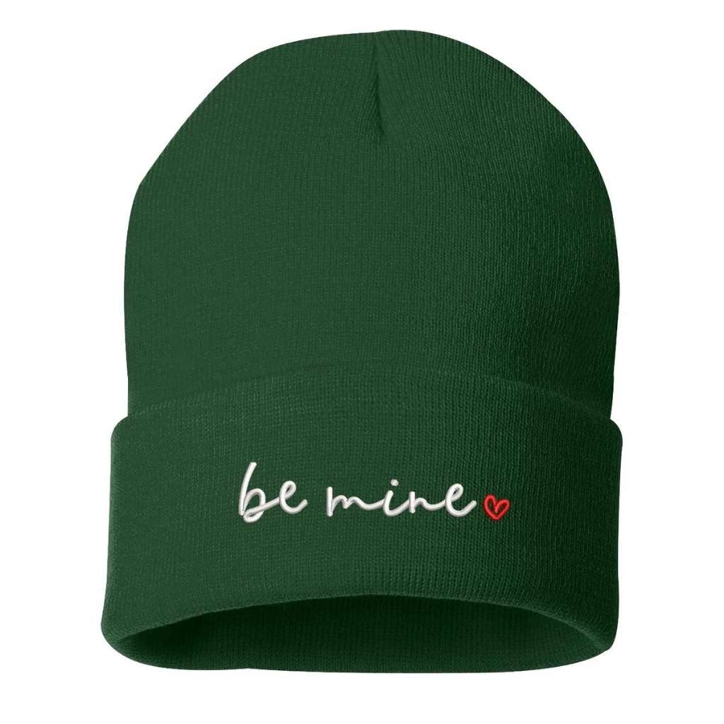Forest green cuffed beanie with be mine embroidered in white with a red heart - DSY Lifestyle