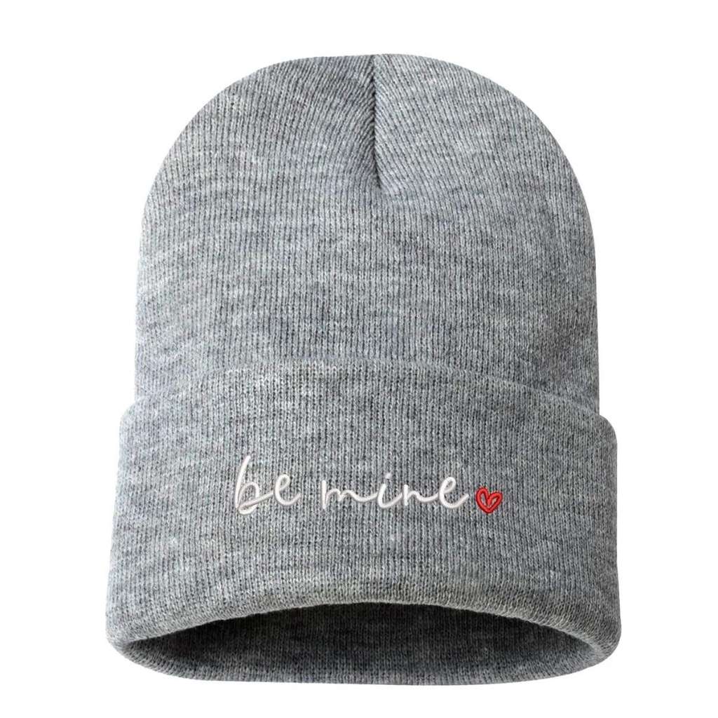 Light heather cuffed beanie with be mine embroidered in white with a red heart - DSY Lifestyle