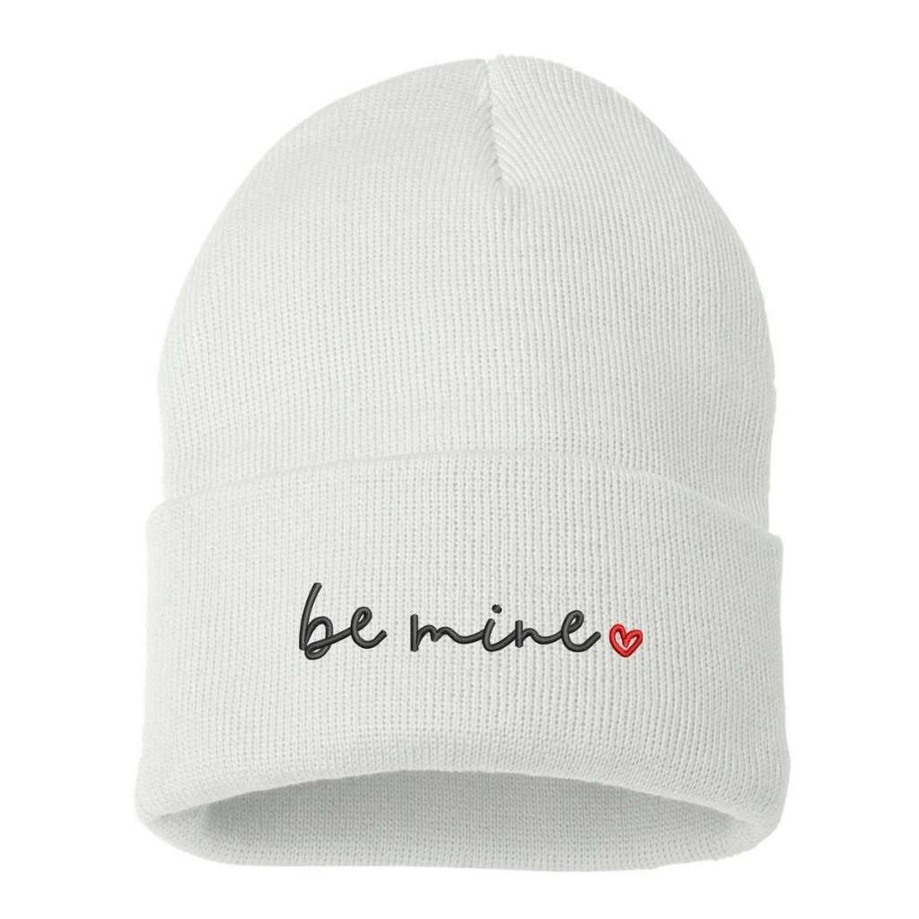 White cuffed beanie with be mine embroidered in black with a red heart - DSY Lifestyle