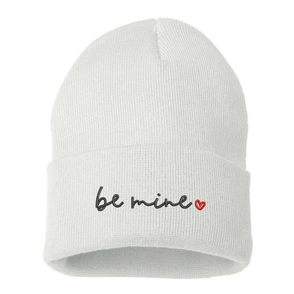 White cuffed beanie with be mine embroidered in black with a red heart - DSY Lifestyle
