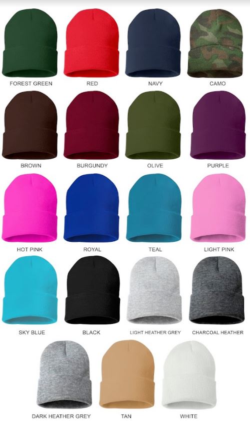 Cabrona Cuffed Beanie Color Chart, Forest Green, Red, Navy, Camo, Brown, Burgundy, Olive, Purple, Hot Pink, Royal, Teal, Light Pink, Sky Blue, Black, Light Heather Grey, Charcoal Heather, Dark Heather Grey, Tan, White