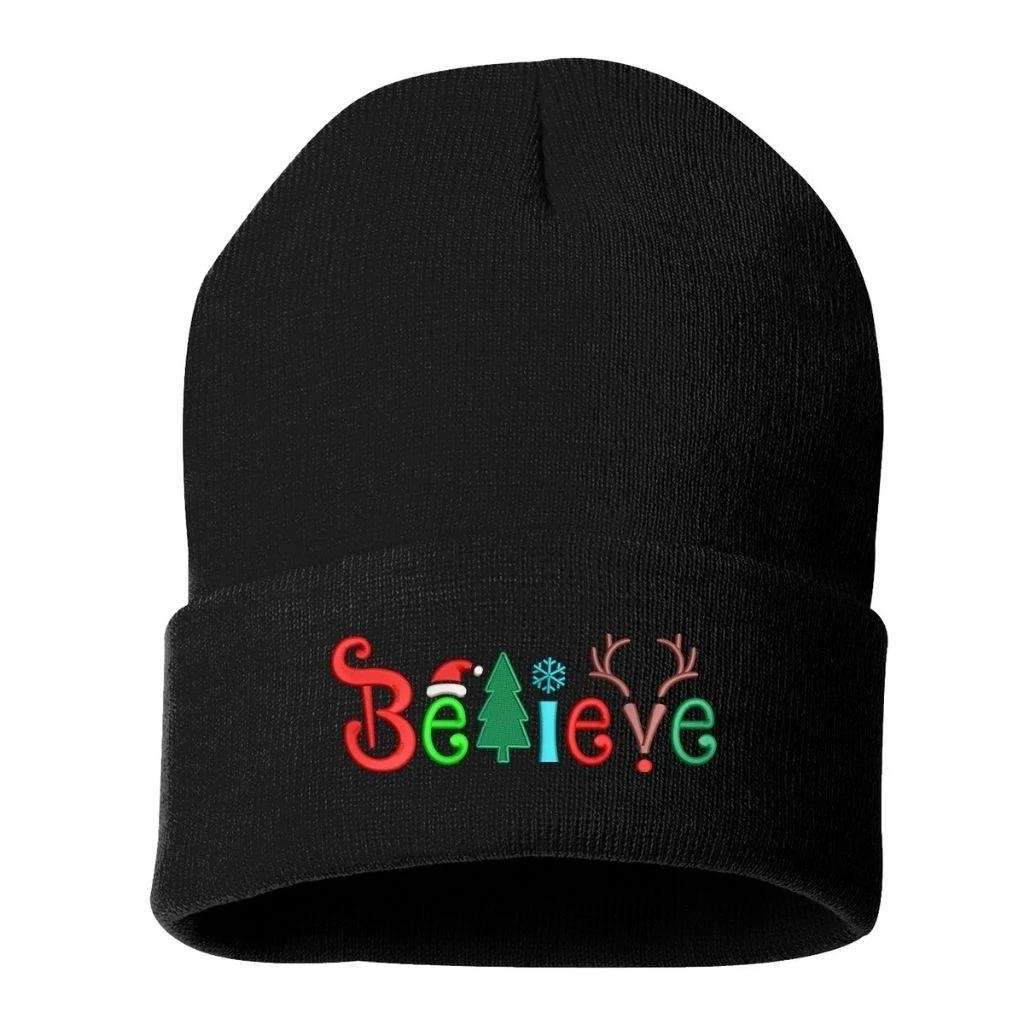 Black cuffed beanie with Believe embroidered with Christmas symbols - DSY Lifestyle