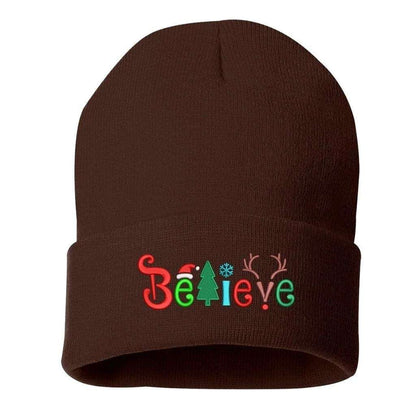 Brown cuffed beanie with Believe embroidered with Christmas symbols - DSY Lifestyle