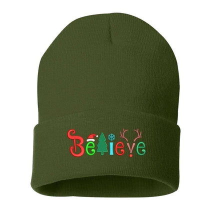 Olive cuffed beanie with Believe embroidered with Christmas symbols - DSY Lifestyle