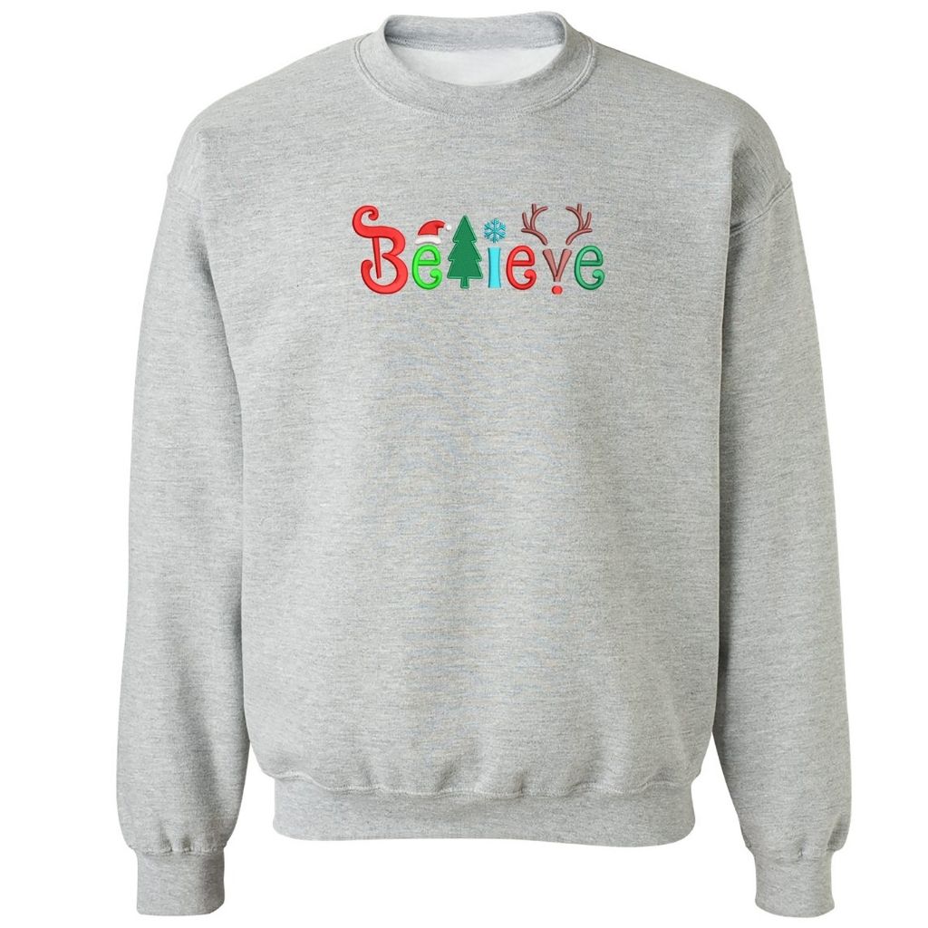 Heather Gray sweatshirt embroidered with Believe in the front -DSY Lifestyle