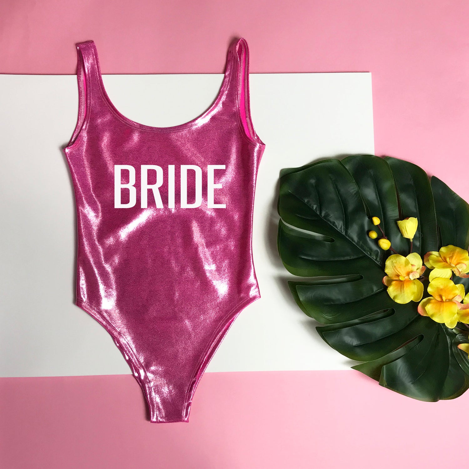 Bride &amp; Team Bride One-Piece Swimsuit, Holographic Bathing Suit, Printed Bathing Suit, Gold Printing, Bride Swimsuit, Team Bride Swimsuit, DSY Lifestyle Swimwear, Pink Swimsuit, Made in LA