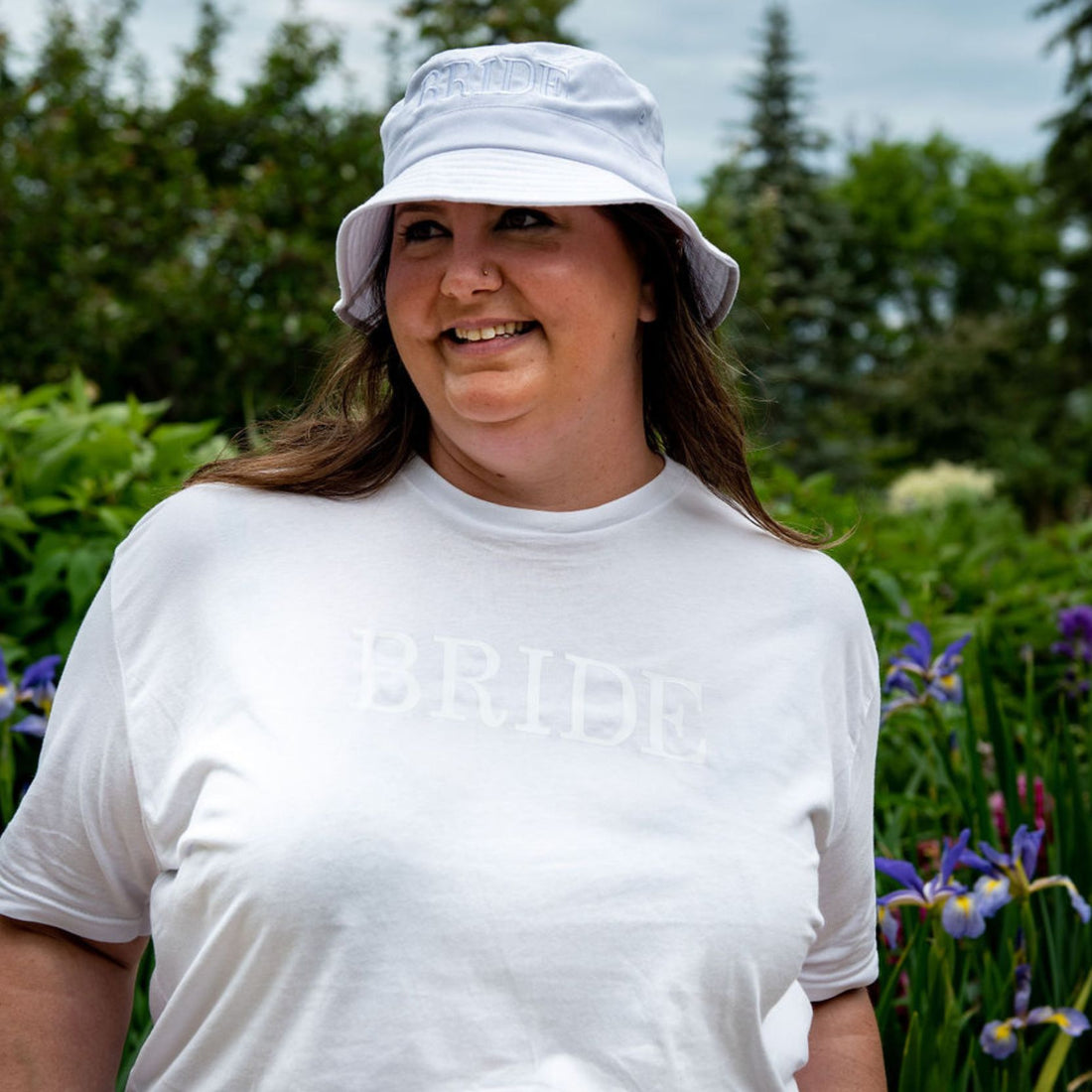 Female wearing white tshirt with Bride printed in white - DSY Lifestyle
