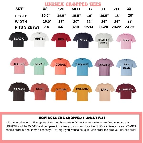 Unisex Cropped Tee Size Chart - DSY Lifestyle