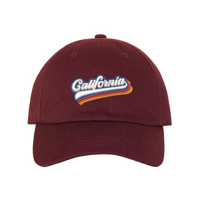 Burgundy baseball hat with California embroidered in white with a rainbow underline - DSY Lifestyle