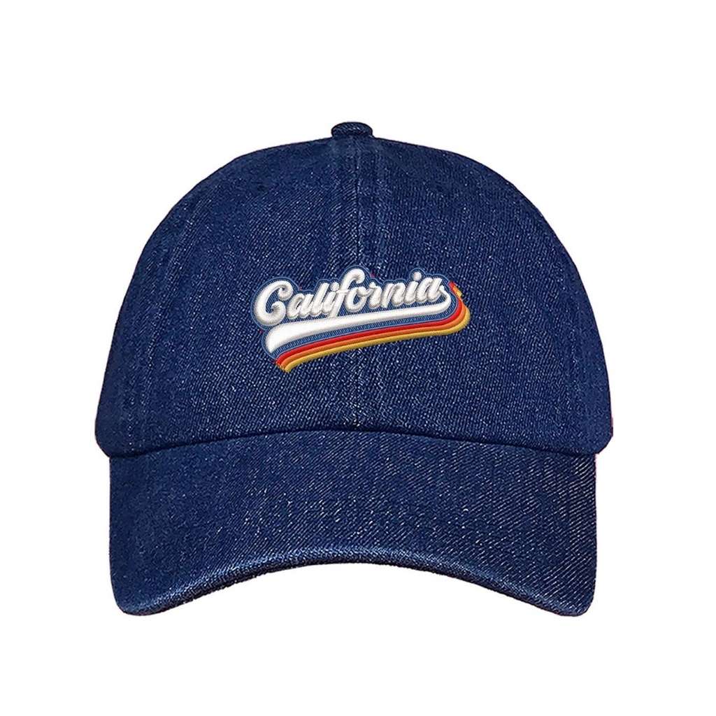 Dark denim baseball hat with California embroidered in white with a rainbow underline - DSY Lifestyle