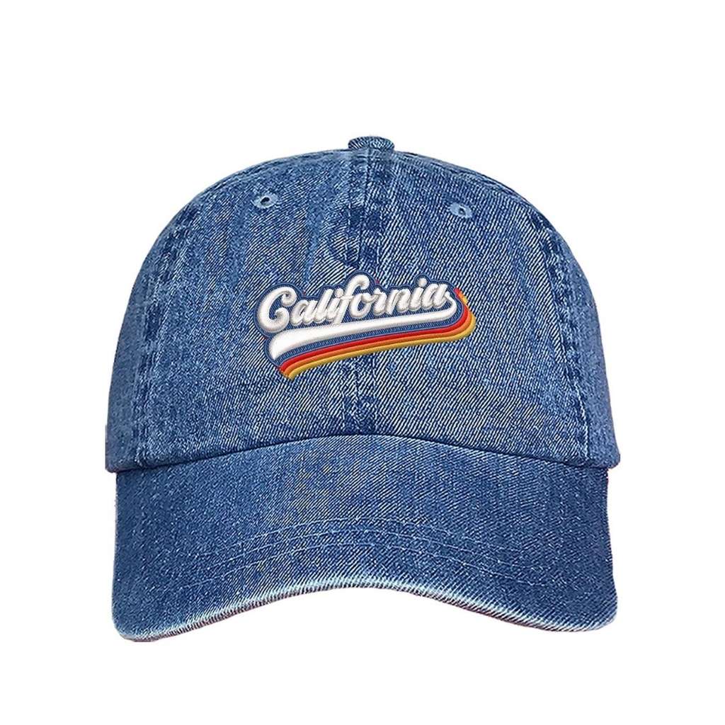 Light denim baseball hat with California embroidered in white with a rainbow underline - DSY Lifestyle