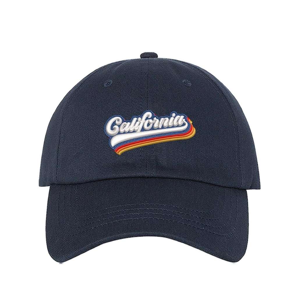 Navy blue baseball hat with California embroidered in white with a rainbow underline - DSY Lifestyle