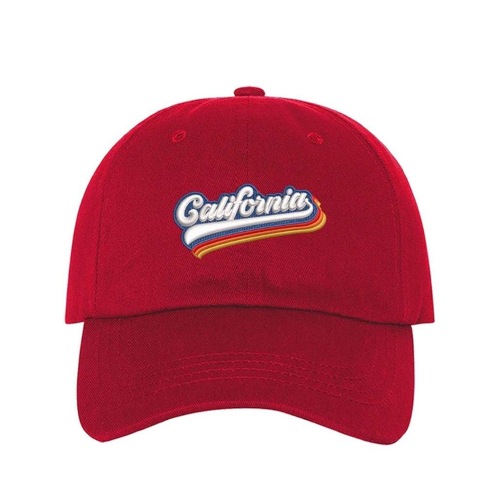 Red baseball hat with California embroidered in white with a rainbow underline - DSY Lifestyle