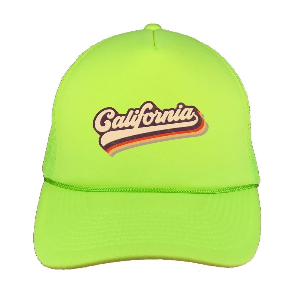 Neon Yellow foam trucker hat with California printed in the front - DSY Lifestyle