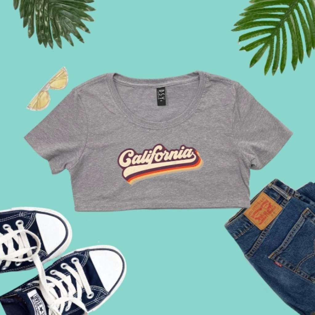 Heather Grey underboob with with California in retro style printed on it - DSY Lifestyle