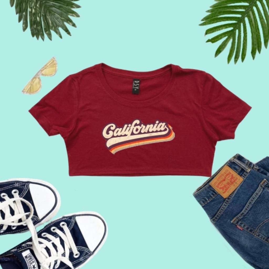 Cardinal underboob with with California in retro style printed on it - DSY Lifestyle