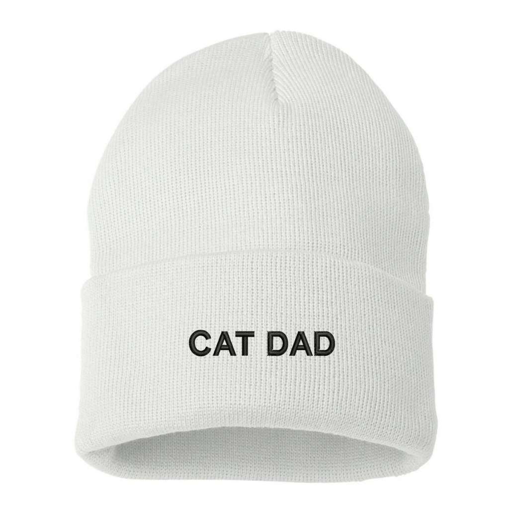 White cuffed beanie with CAT DAD embroidered in black - DSY Lifestyle