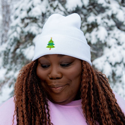 Female wearing a white beanie embroidered with a Christmas Tree - DSY Lifestyle