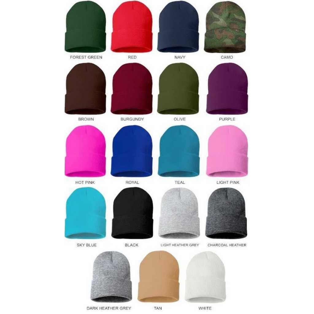 Beanie color chart available in forest green red navy camo brown burgundy olive purple hot pink royal blue teal light pink sky blue black light heather gray charchoal heather dark heather tan and white - DSY Lifestyle