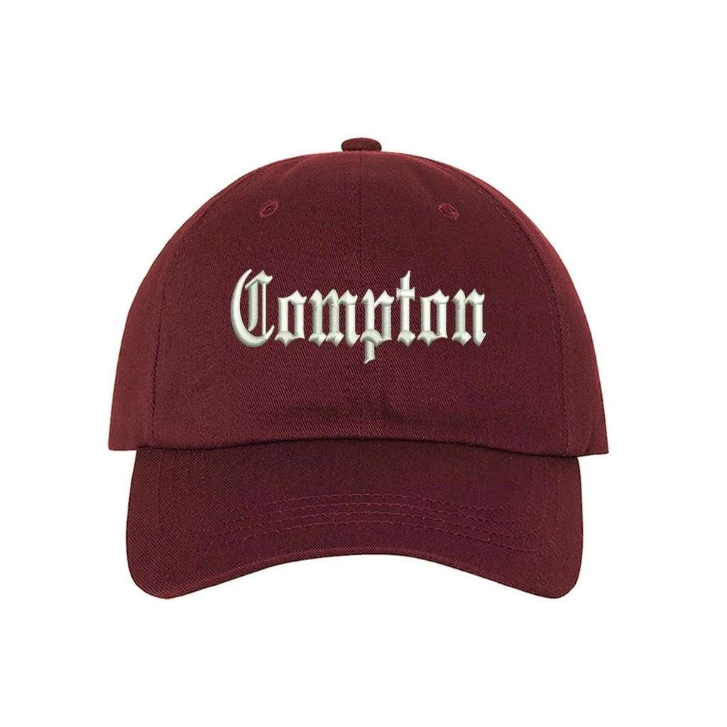 Burgundy baseball hat with Compton embroidered in white - DSY Lifestyle
