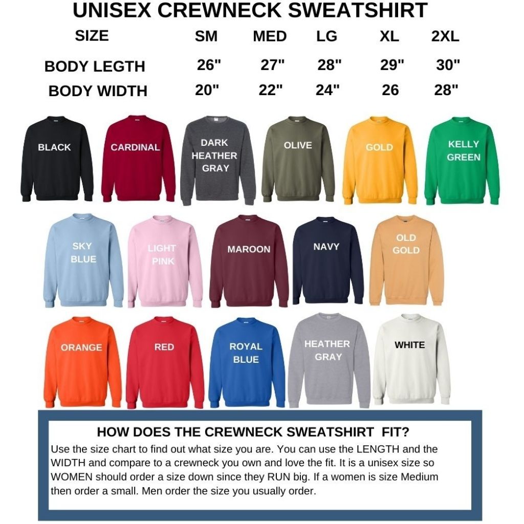 Unisex crewneck sweatshirt size and color chart available in black cardinal dark heather gray olive gold kelly green sky blue light pink maroon navy old gold orange red royal blue heather gray and white - DSY Lifestyle