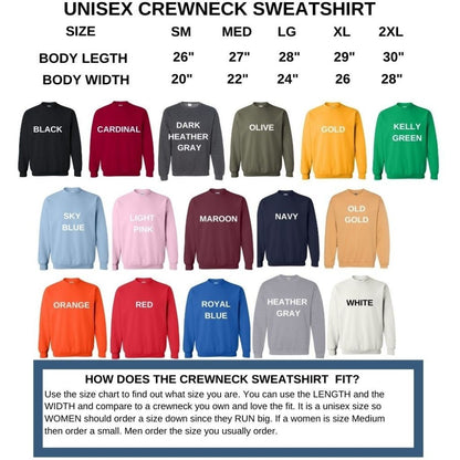 Unisex crewneck sweatshirt size and color chart available in black cardinal dark heather gray olive gold kelly green sky blue light pink maroon navy old gold orange red royal blue heather gray and white - DSY Lifestyle