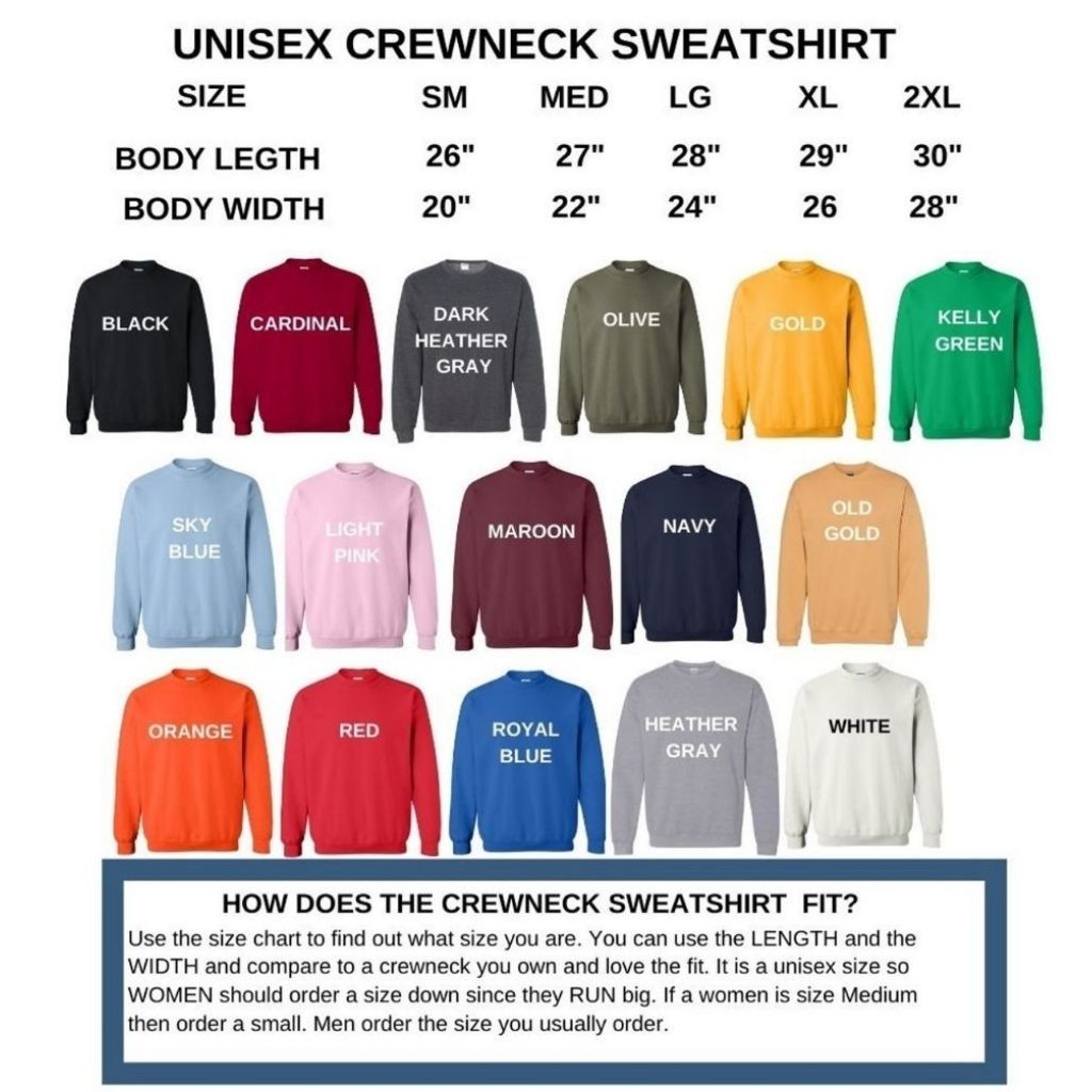 Unisex Crewneck Sweatshirt color and size chart- DSY Lifestyle