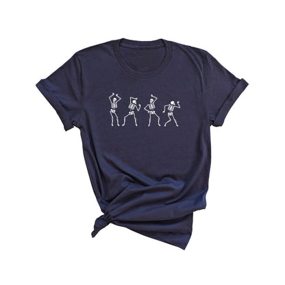Flat lay of navy t-shirt printed with white dancing skeletons- DSY Lifestyle