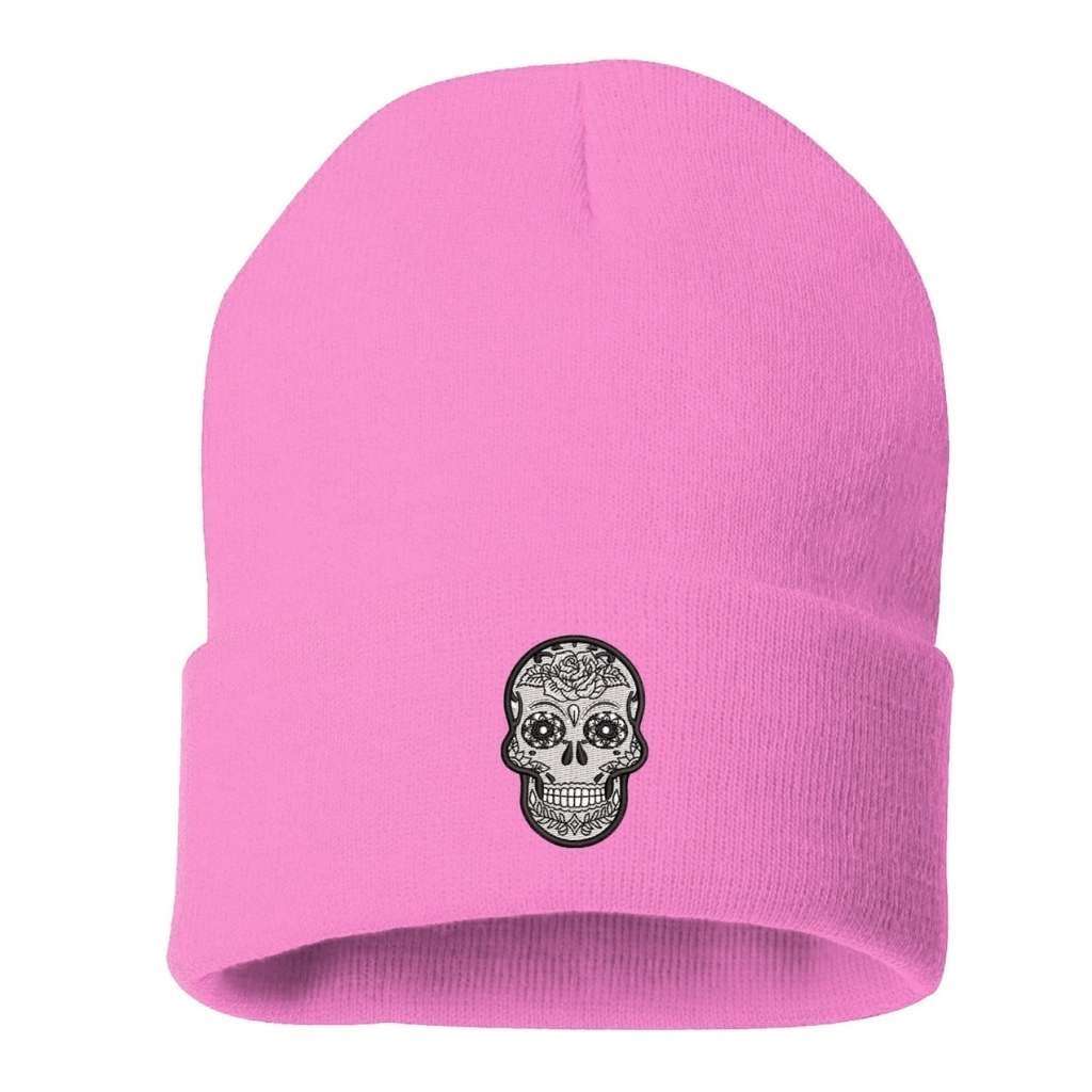 Light pink cuffed beanie with sugar skull embroidered on the front - DSY Lifestyle