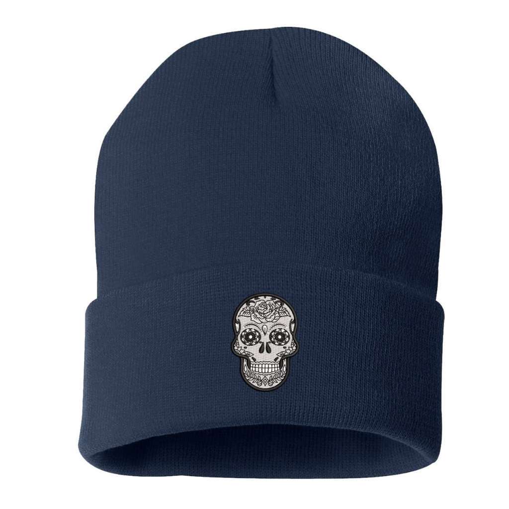 Navy blue cuffed beanie with sugar skull embroidered on the front - DSY Lifestyle