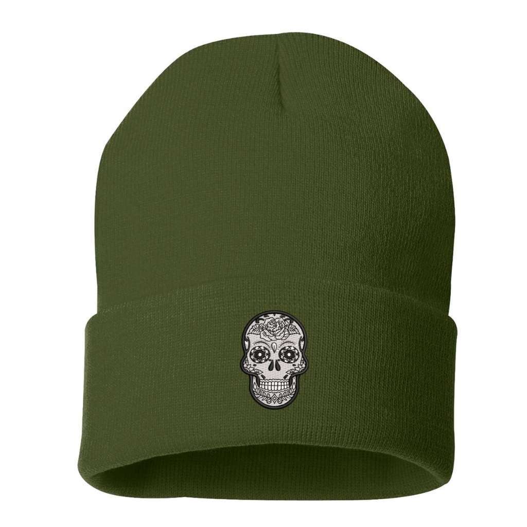 Olive cuffed beanie with sugar skull embroidered on the front - DSY Lifestyle