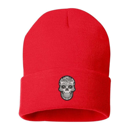 Red cuffed beanie with sugar skull embroidered on the front - DSY Lifestyle
